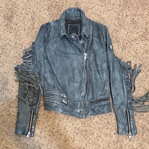 Distressed/Vintage Look Blue Fringe Leather Jacket
